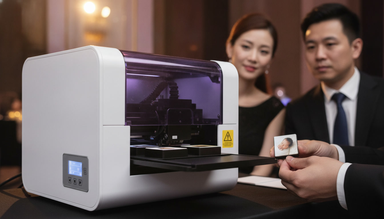 A portable UV printer printing lightbox panels live as guests watch