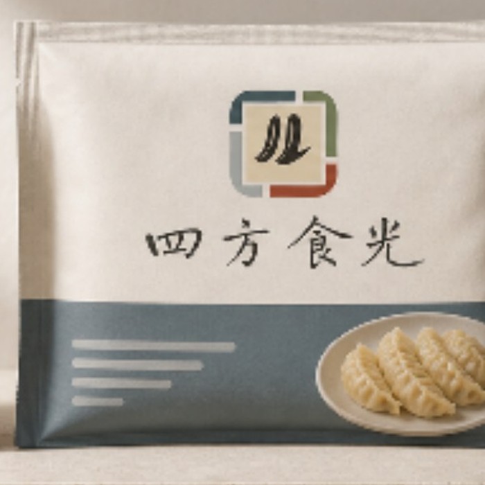 四方食光扁袋包裝，冬／水色帶與鍋貼照
