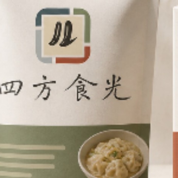 四方食光立袋包裝，春／木色帶與燒賣照