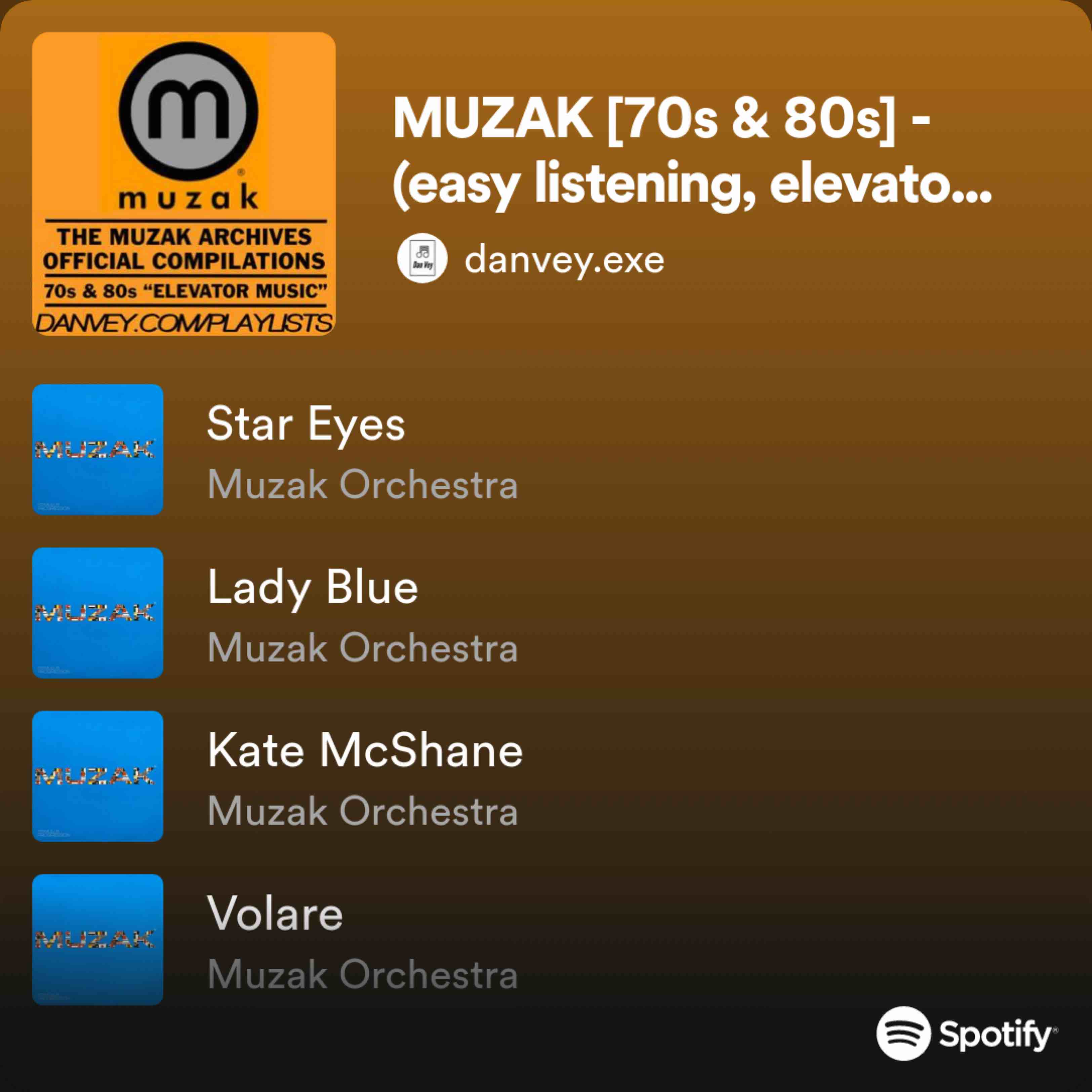 Here’s one of the Muzak playlists I mentioned on the show today. Just perfect for background ...
