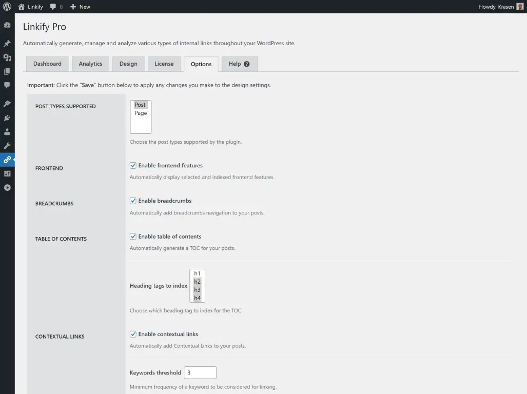 Linkify internal links for WordPress feature custom options