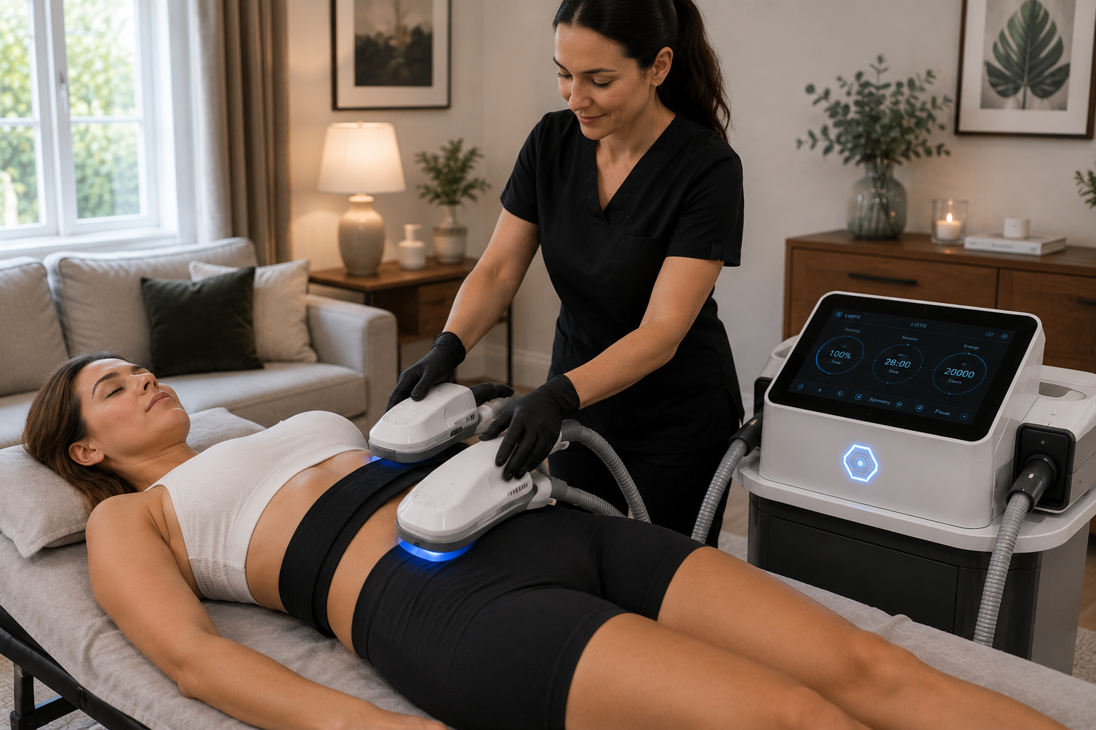 HIFEM body toning treatment equipment used during an at-home pelvic floor treatment