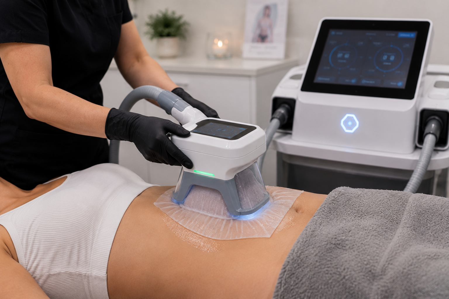 Cryolipolysis fat freezing applicator treating a client's abdomen with a protective gel pad