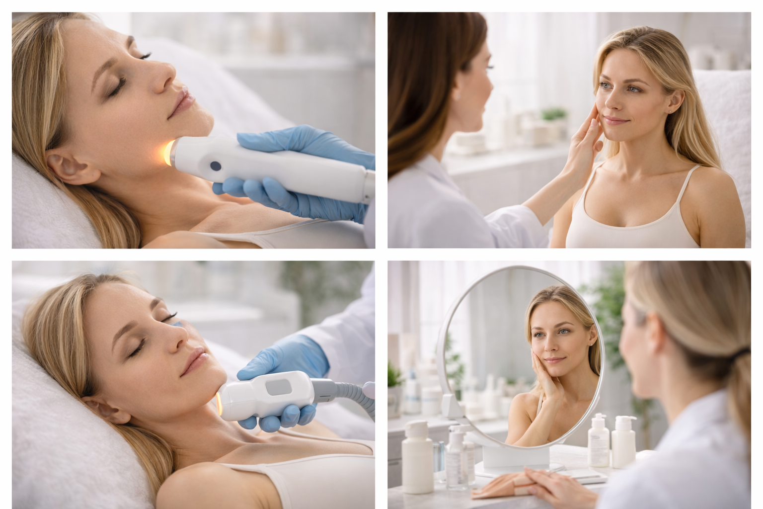 Illustration of a person looking at their face in a mirror, surrounded by various symbols representing facial rejuvenation and anti-ageing support treatments.