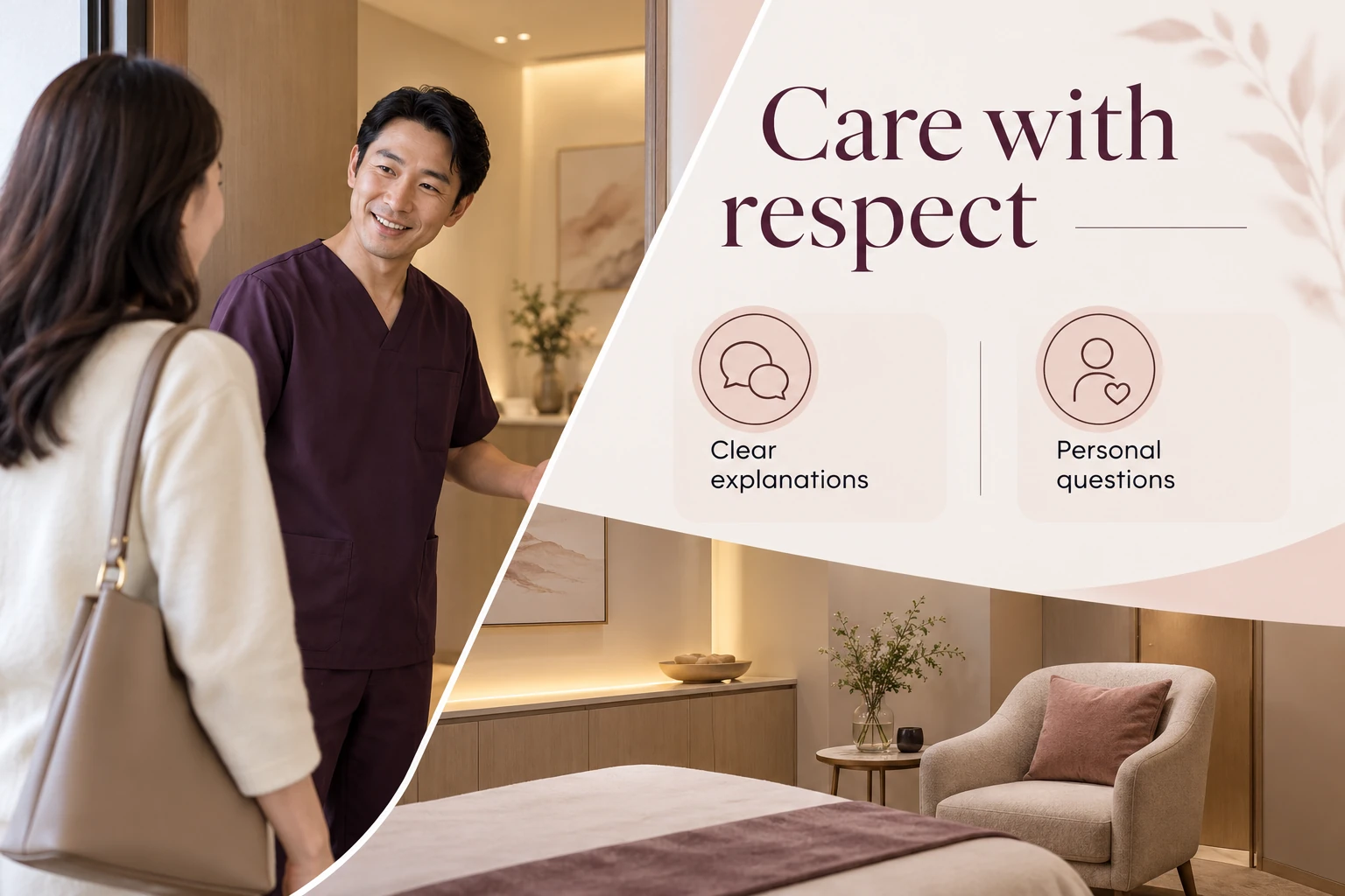 Illustrative infographic: Care with respect. Clear explanations. Personal questions.