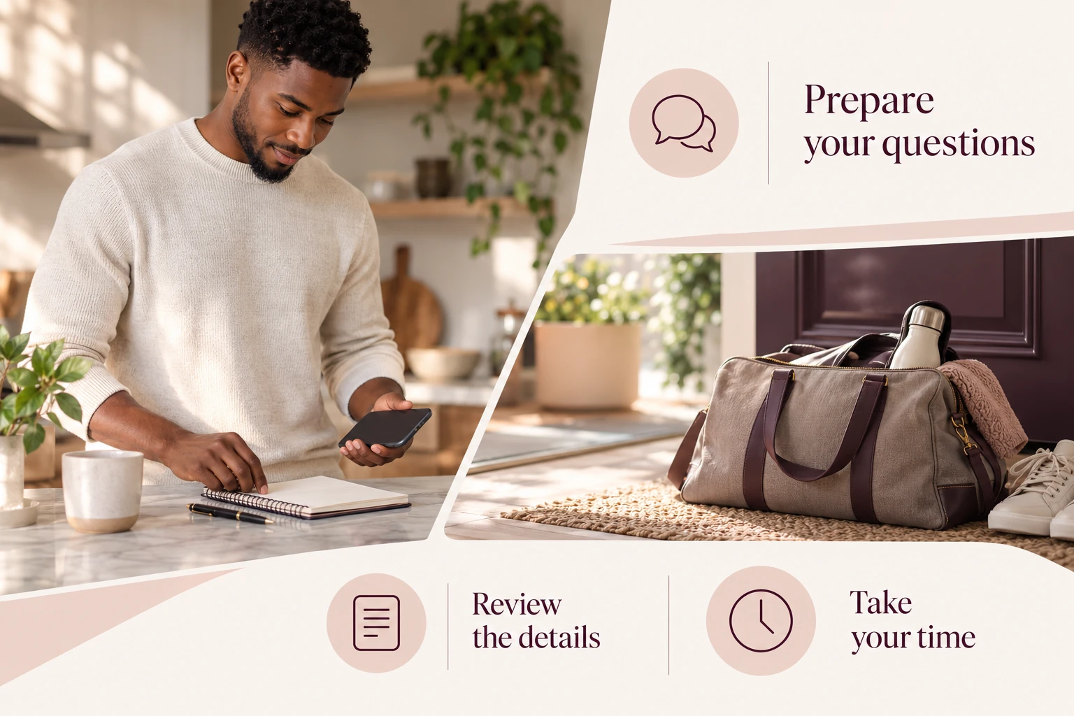 Illustrative infographic: Prepare your questions. Review the details. Take your time.