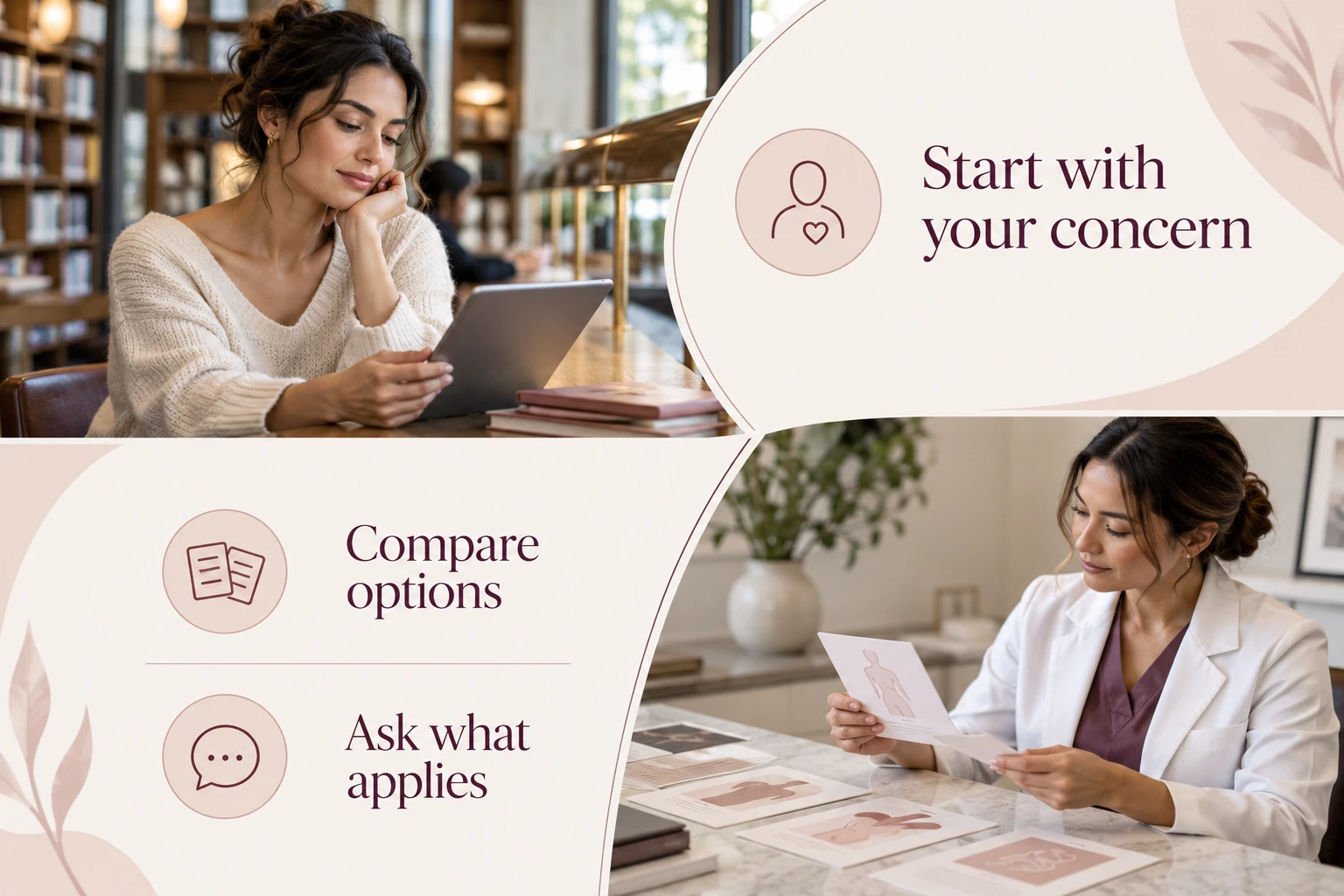 Illustrative infographic: Start with your concern. Compare options. Ask what applies.