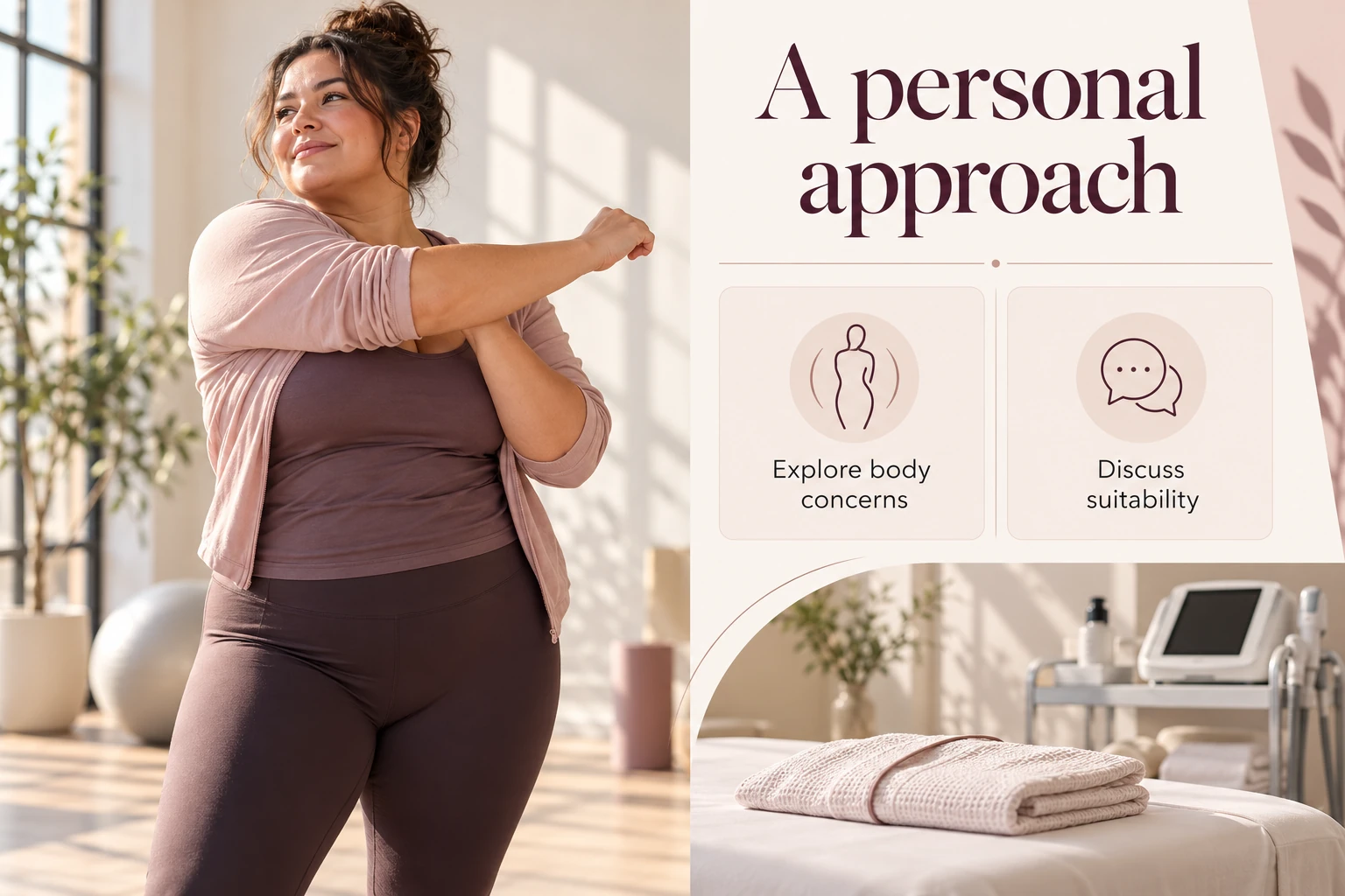 Illustrative infographic: A personal approach. Explore body concerns. Discuss suitability.