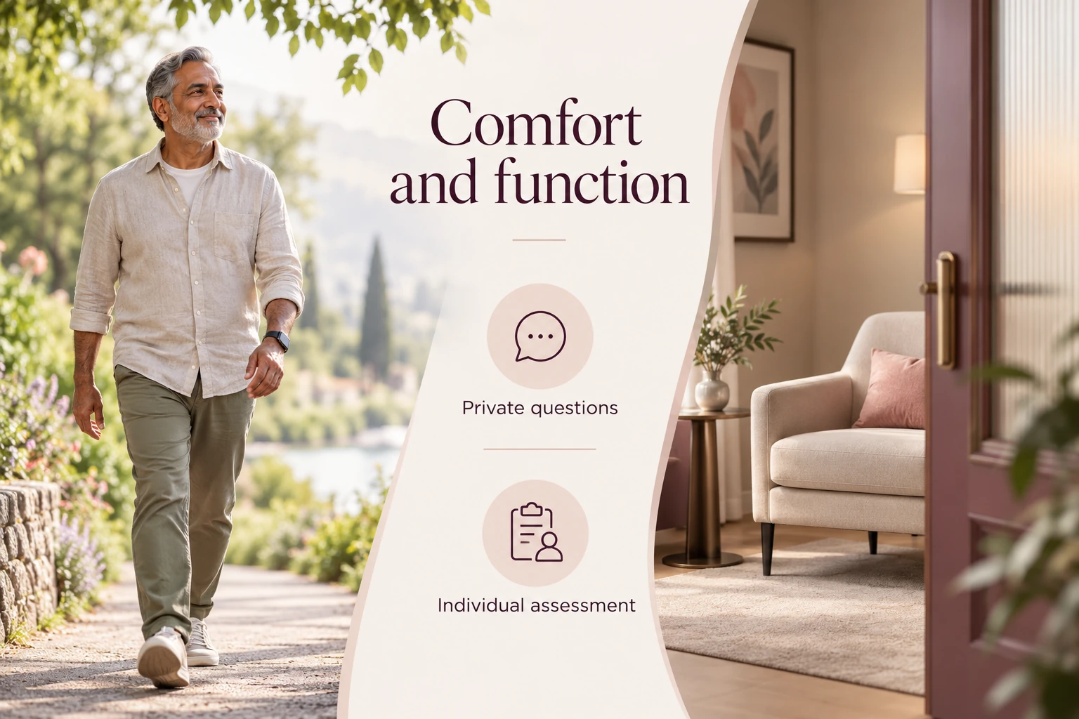 Illustrative infographic: Comfort and function. Private questions. Individual assessment.