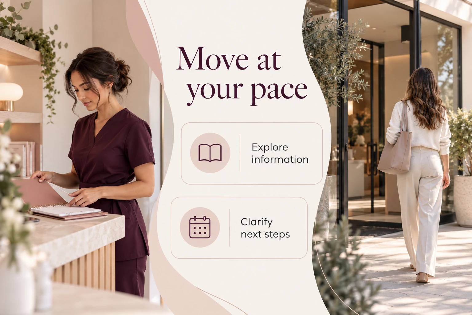 Illustrative infographic: Move at your pace. Explore information. Clarify next steps.