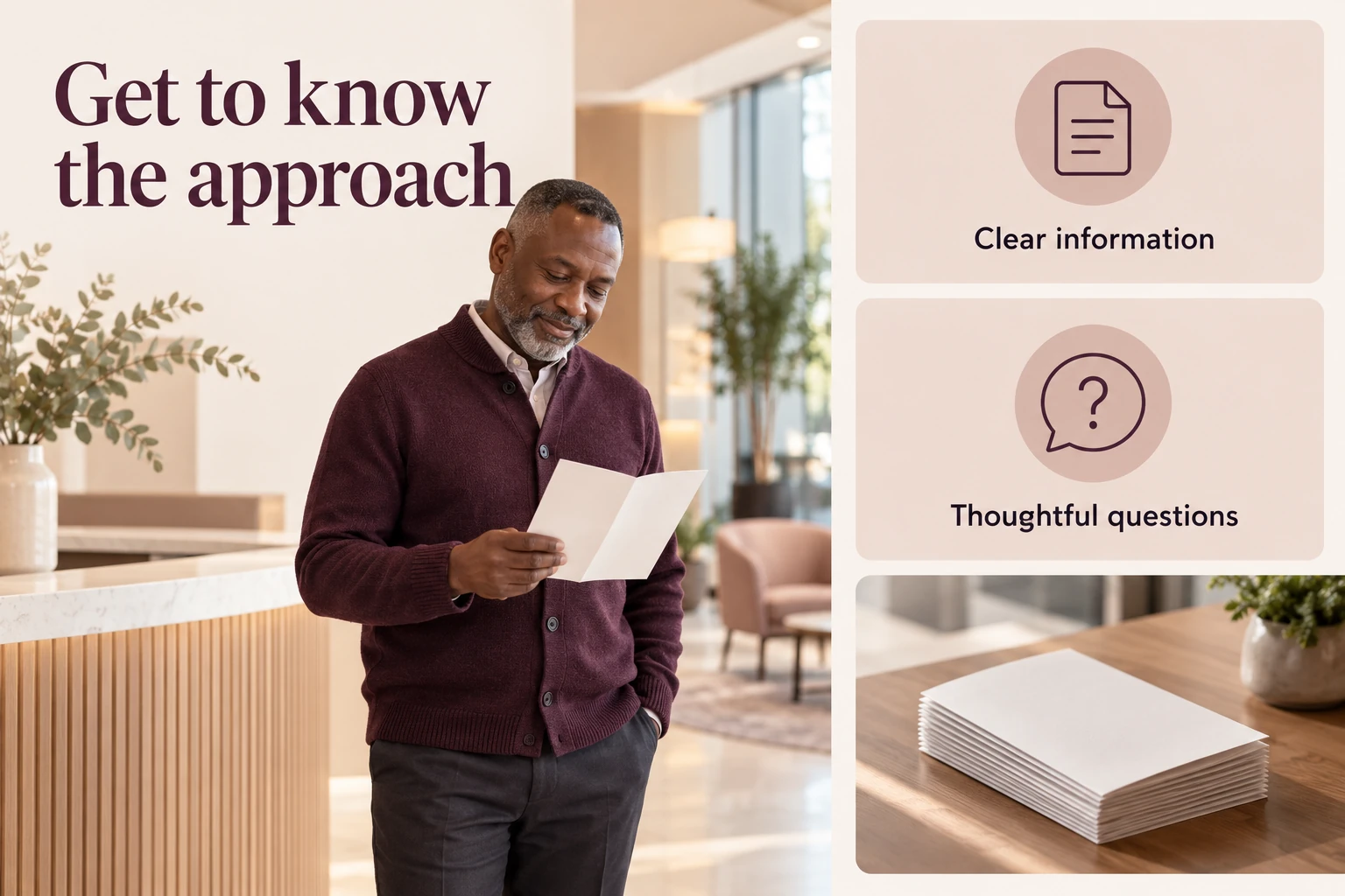 Illustrative infographic: Get to know the approach. Clear information. Thoughtful questions.