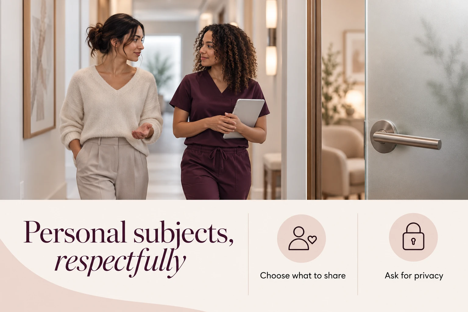 Illustrative infographic: Personal subjects, respectfully. Choose what to share. Ask for privacy.