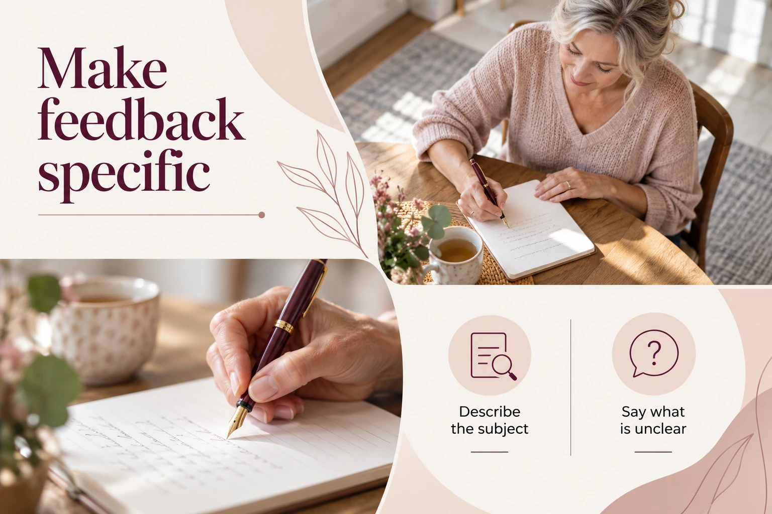 Illustrative infographic: Make feedback specific. Describe the subject. Say what is unclear.
