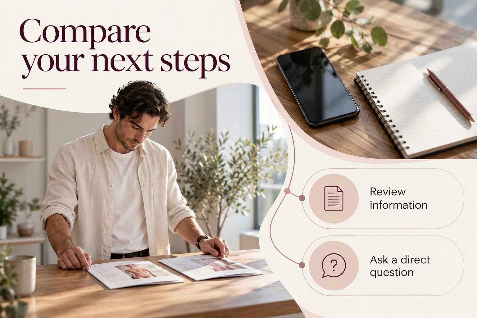 Illustrative infographic: Compare your next steps. Review information. Ask a direct question.
