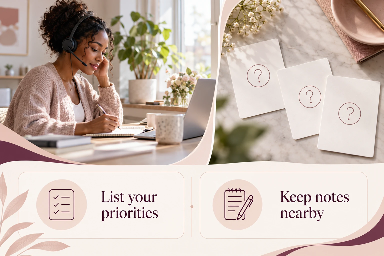 Illustrative infographic: Make space for questions. List your priorities. Keep notes nearby.