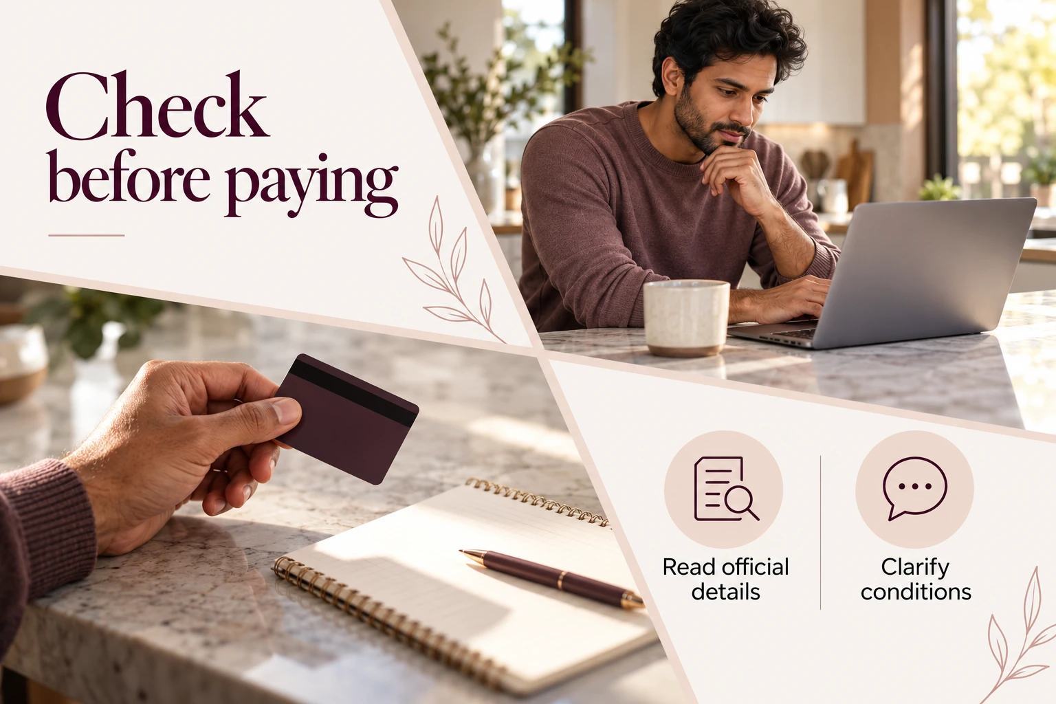 Illustrative infographic: Check before paying. Read official details. Clarify conditions.