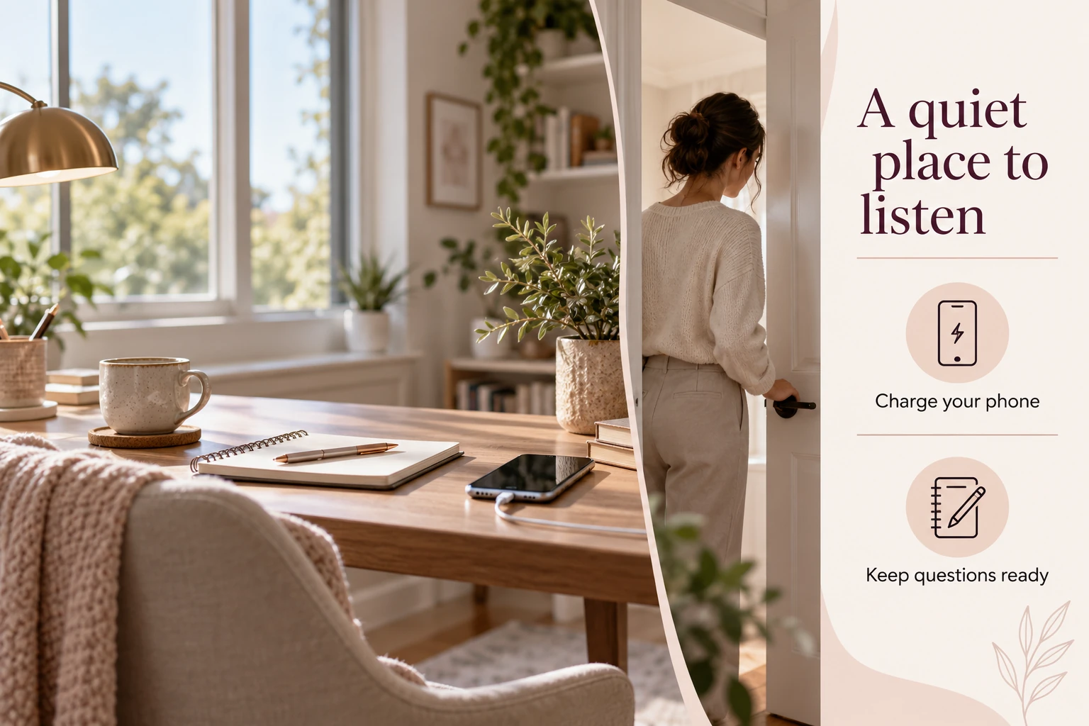 Illustrative infographic: A quiet place to listen. Charge your phone. Keep questions ready.