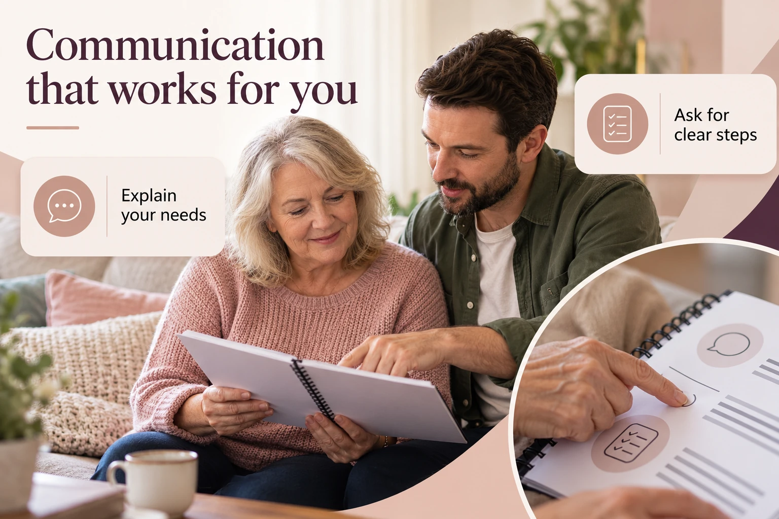 Illustrative infographic: Communication that works for you. Explain your needs. Ask for clear steps.