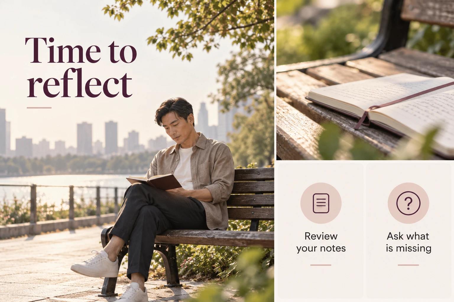 Illustrative infographic: Time to reflect. Review your notes. Ask what is missing.