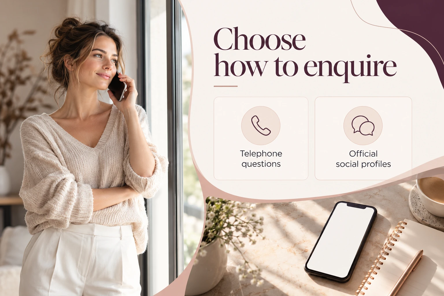 Illustrative infographic: Choose how to enquire. Telephone questions. Official social profiles.
