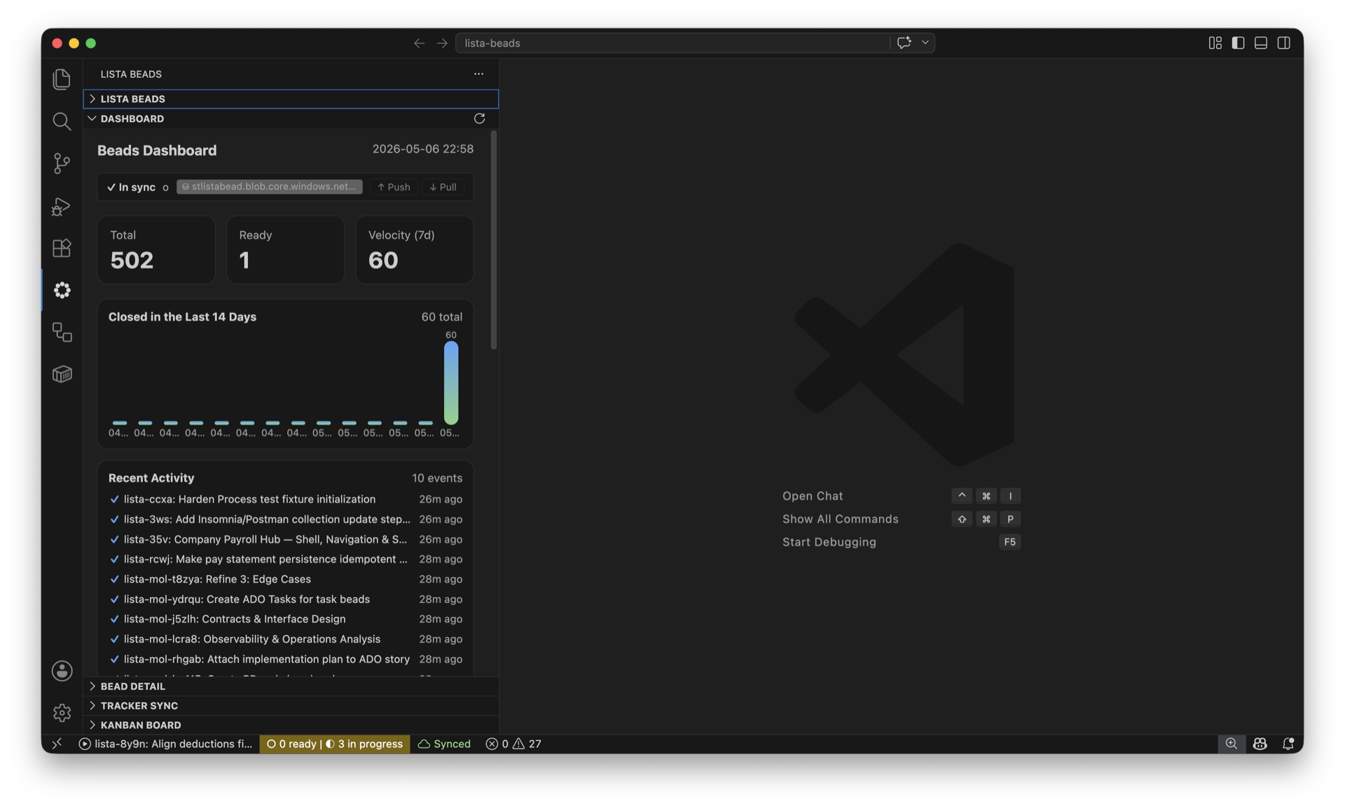 Dashboard panel showing Dolt sync status, key metrics, recent activity, status and type breakdowns, team, and convoy progress