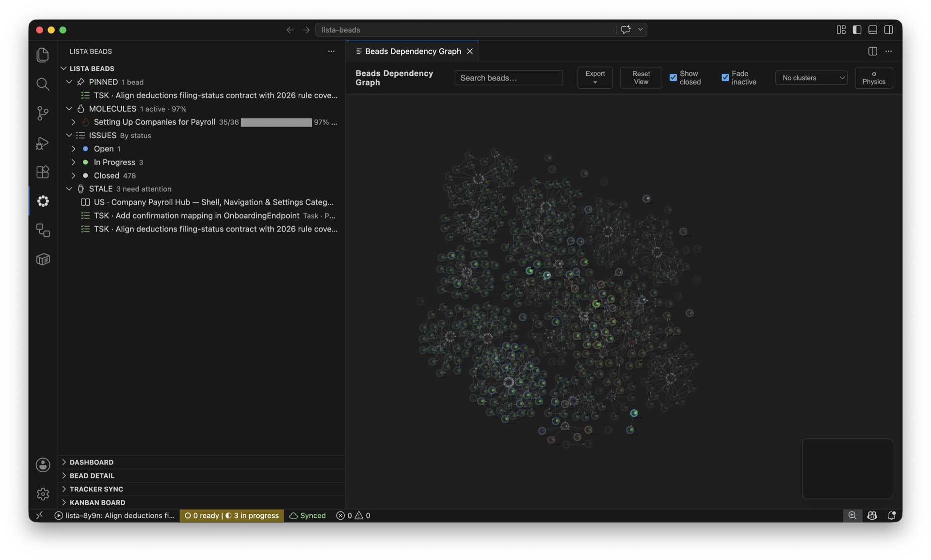 Interactive dependency graph with status-colored nodes and clickable edges between linked beads