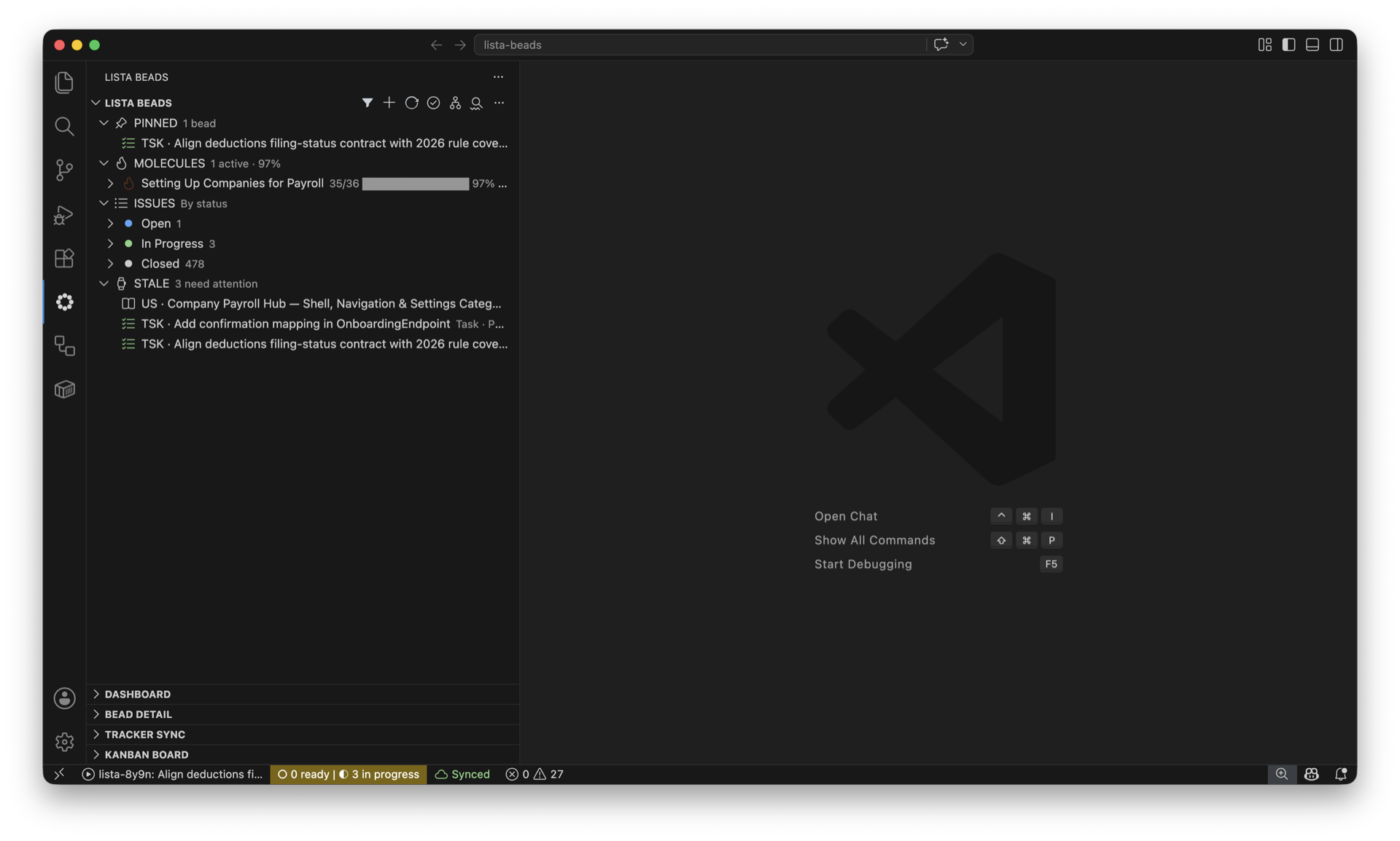 Issue tree showing beads grouped by status and type, with priority badges, status icons, and assignee decorations