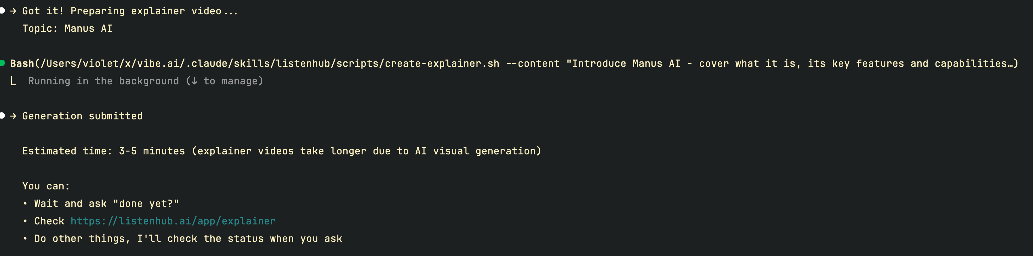 Agent running explainer video generation