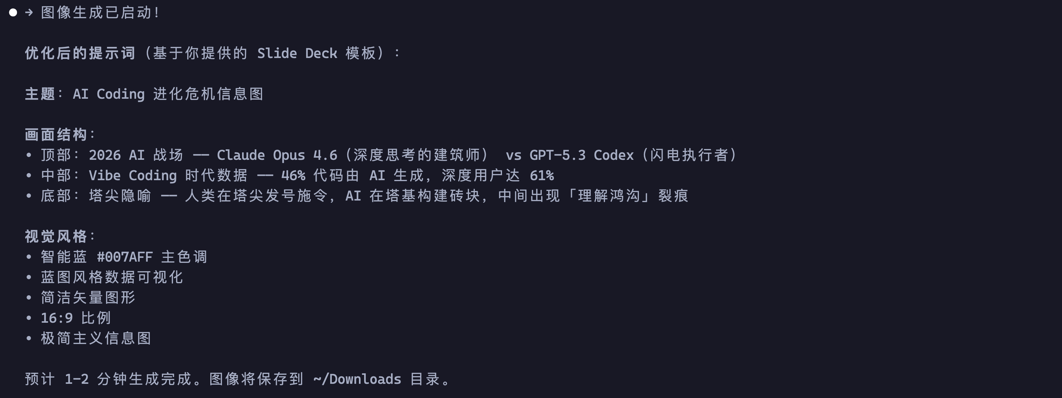 AI 优化提示词并启动生成，展示画面结构和视觉参数