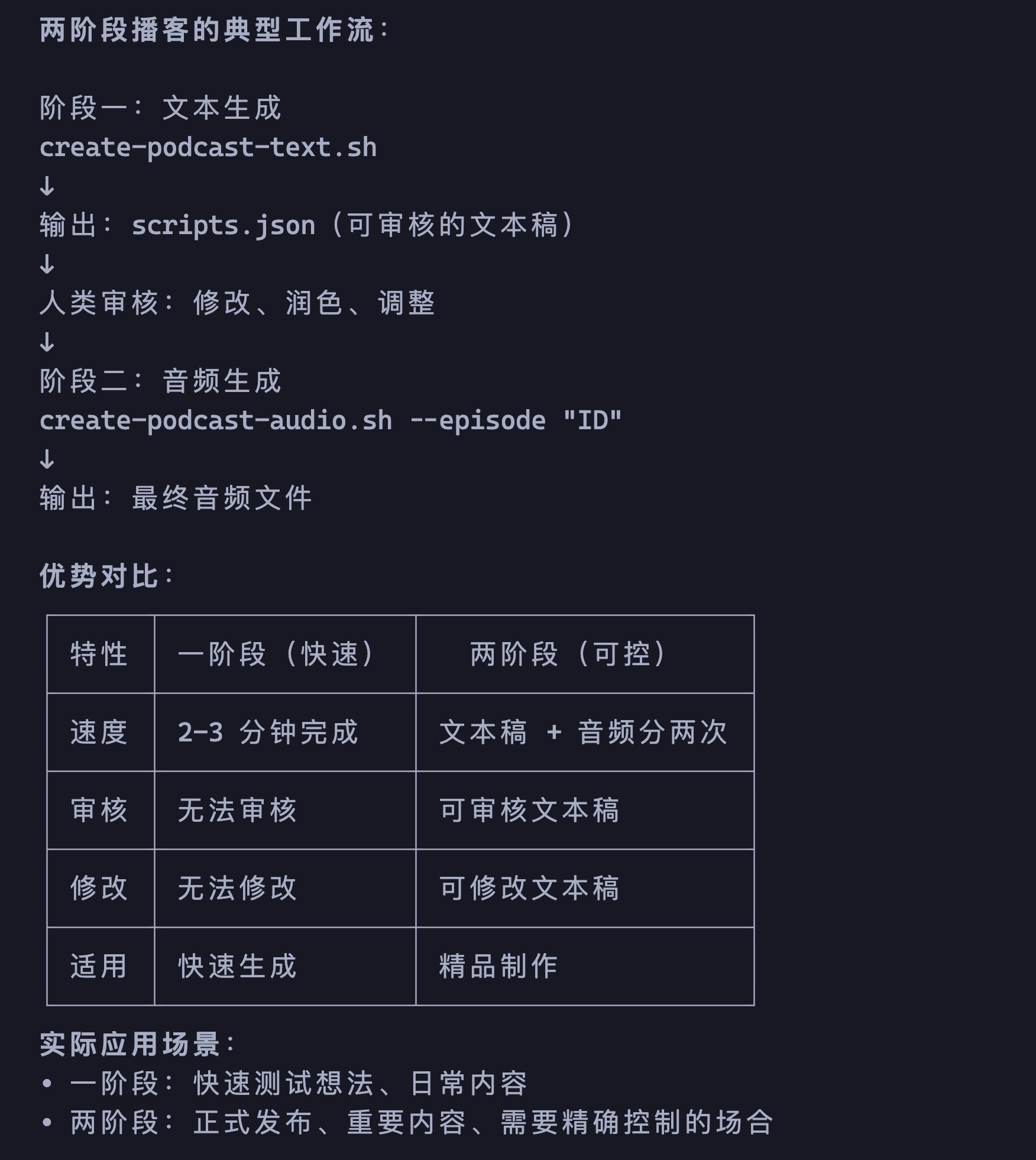 两阶段播客的完整工作流：文本生成 → 人工审核 → 音频生成