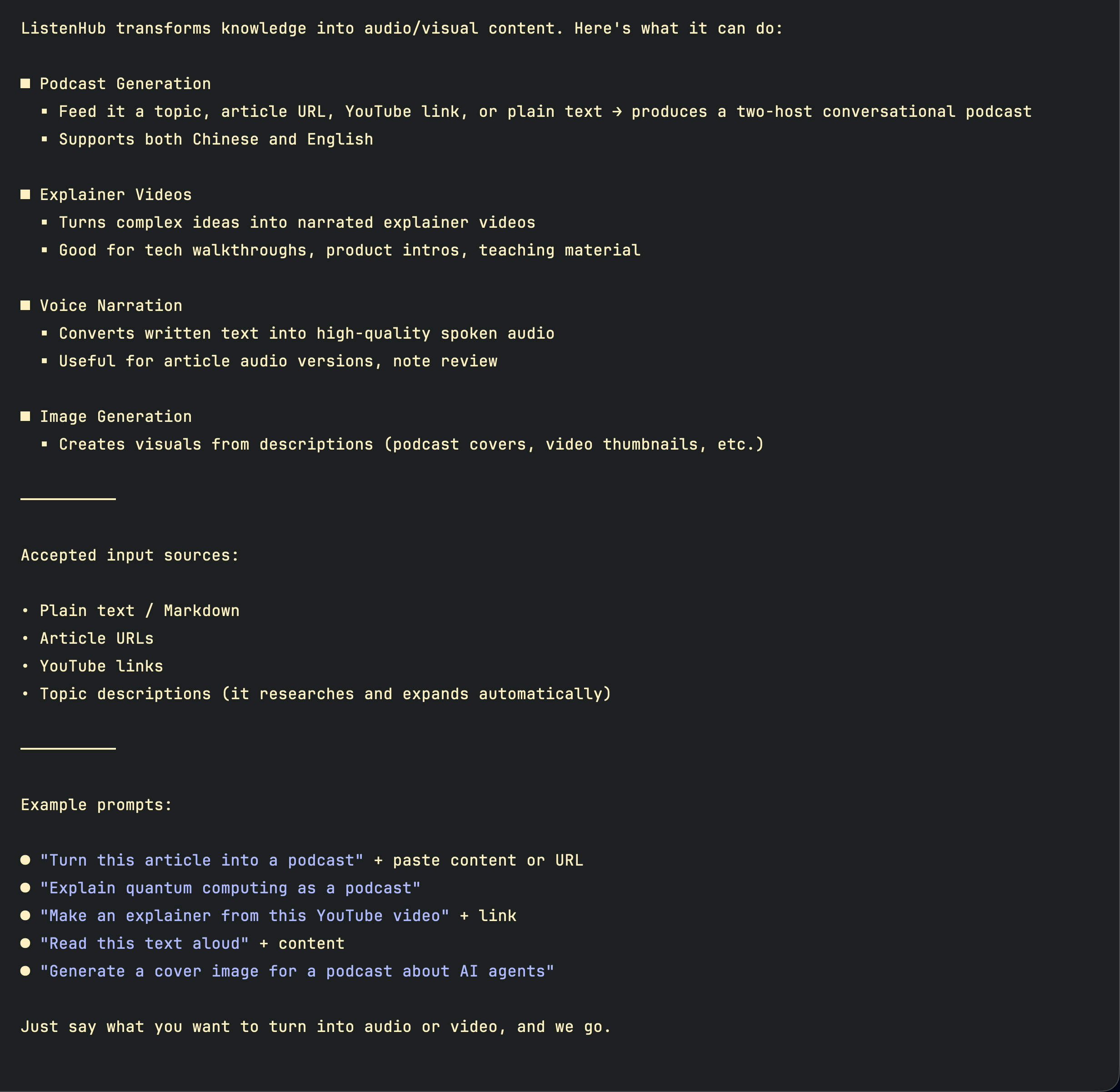 Asking AI what ListenHub can do