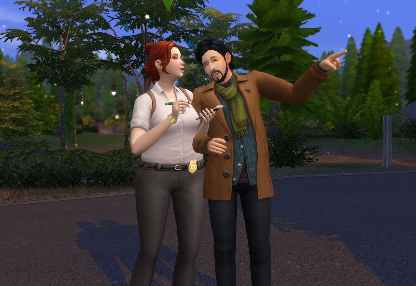 A Sim police officer taking notes from a witness