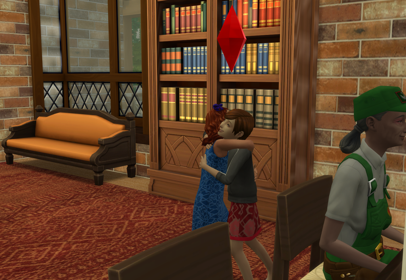 Sim children hugging in a library