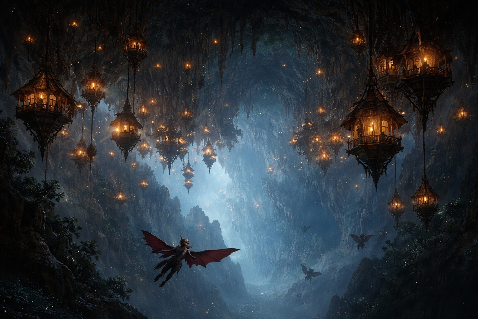 A city suspended inside a cave