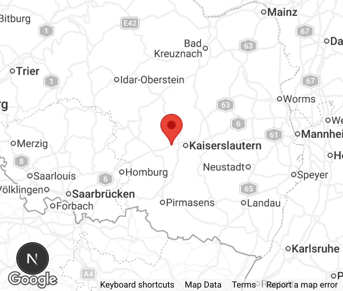 Map showing location of Tierschutzverein Kaiserslautern u.U. e. V.