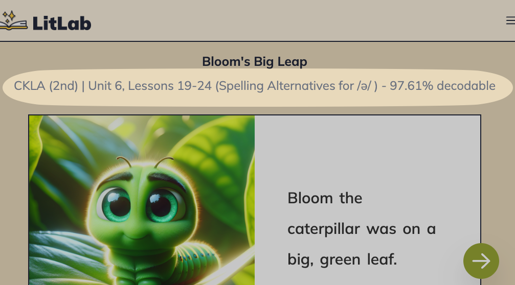 Screenshot of decodable text with highlighted phonics skill alignment