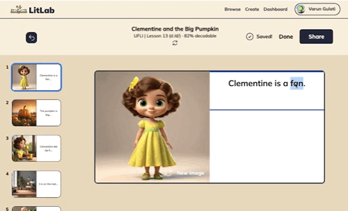 Text editor interface with tools for customizing decodables and illustrations