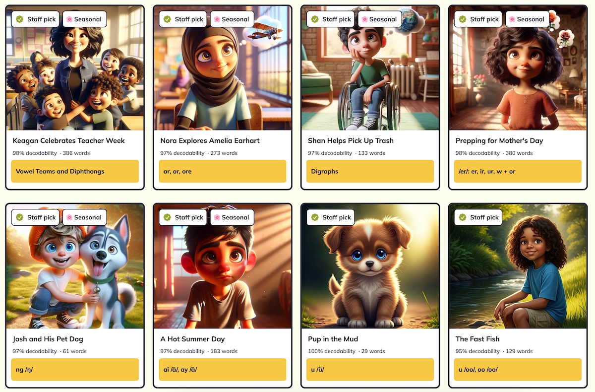 Thumbnail gallery of colorful decodable stories
