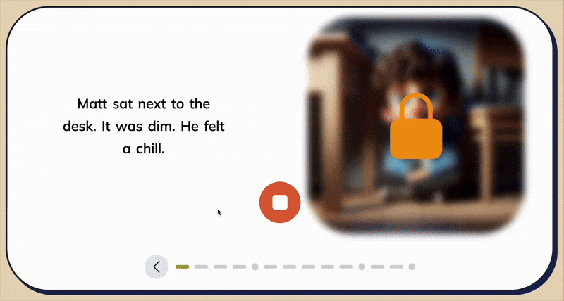 Student reads aloud to unlock a blurred image, with AI-generated accuracy and WPM data shown.