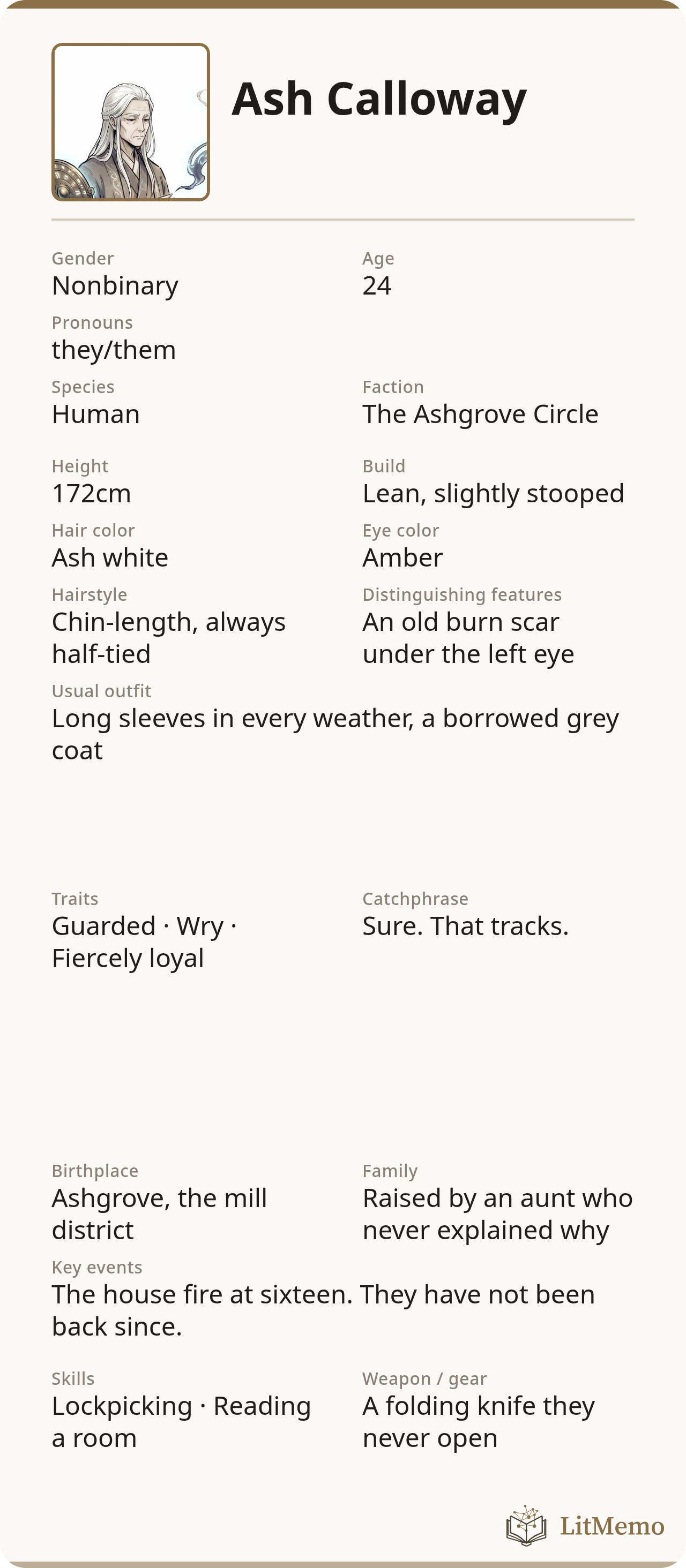 Ash Calloway's character card, portrait profile sheet