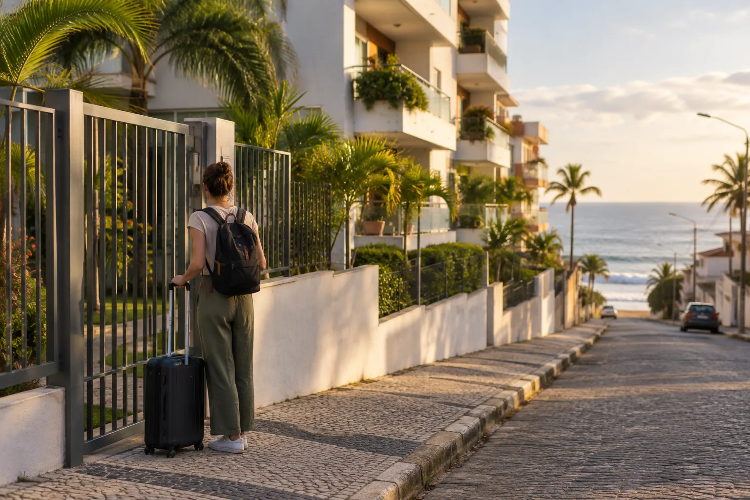 Jovem com mala de rodinhas e mochila espera diante do portão de um prédio residencial numa rua que desce em direção ao mar, no fim da tarde