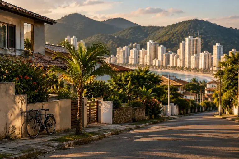 Rua residencial com casas baixas, bicicleta encostada no muro e palmeira, com a fileira de prédios da orla e os morros verdes ao fundo no fim da tarde