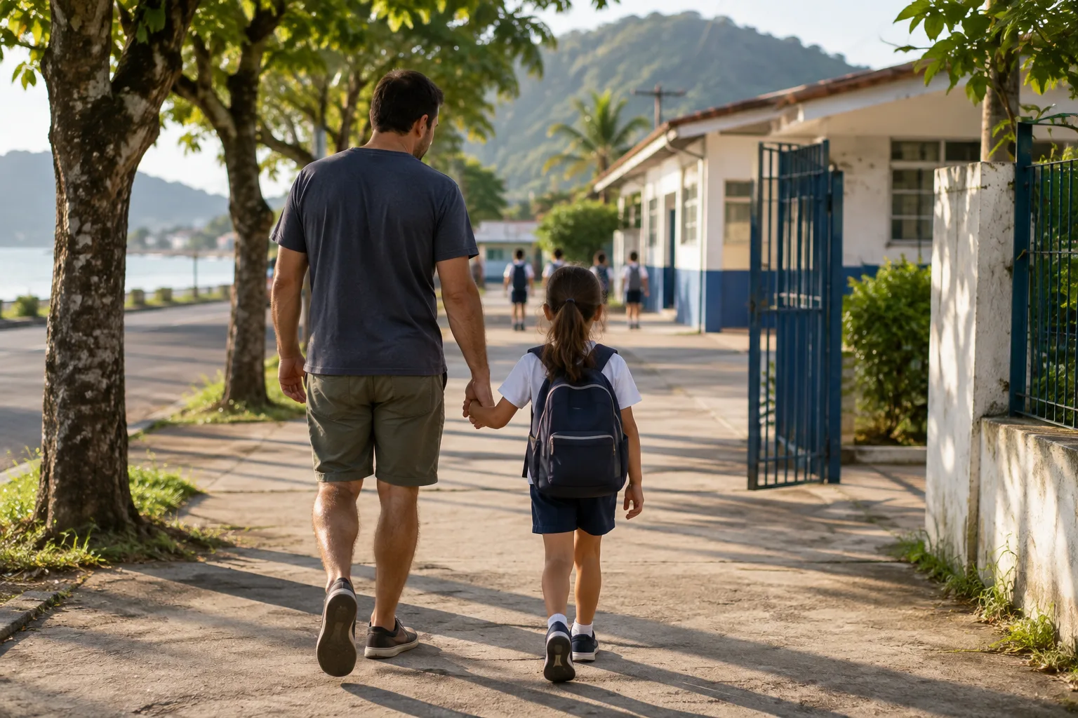 Pai e filha de mochila caminham de mãos dadas pela calçada arborizada até o portão de uma escola, com morros verdes e o mar ao fundo