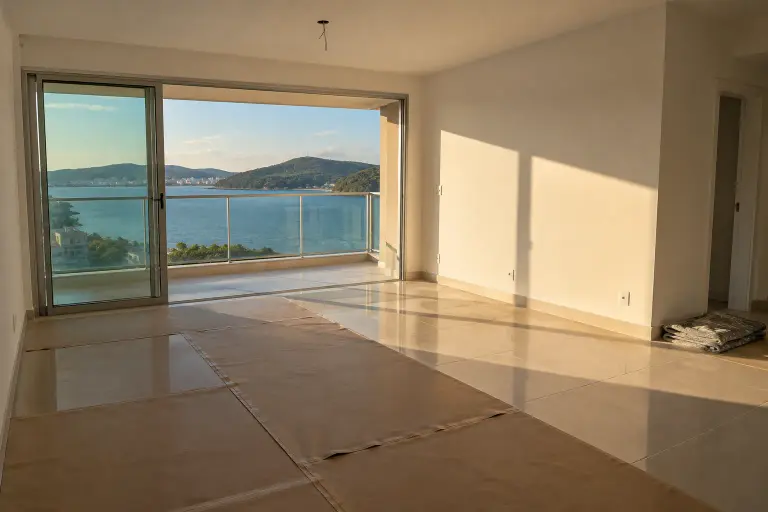Sala de apartamento novo e vazio, com piso protegido por papelão e porta de vidro aberta para uma sacada com vista para uma baía