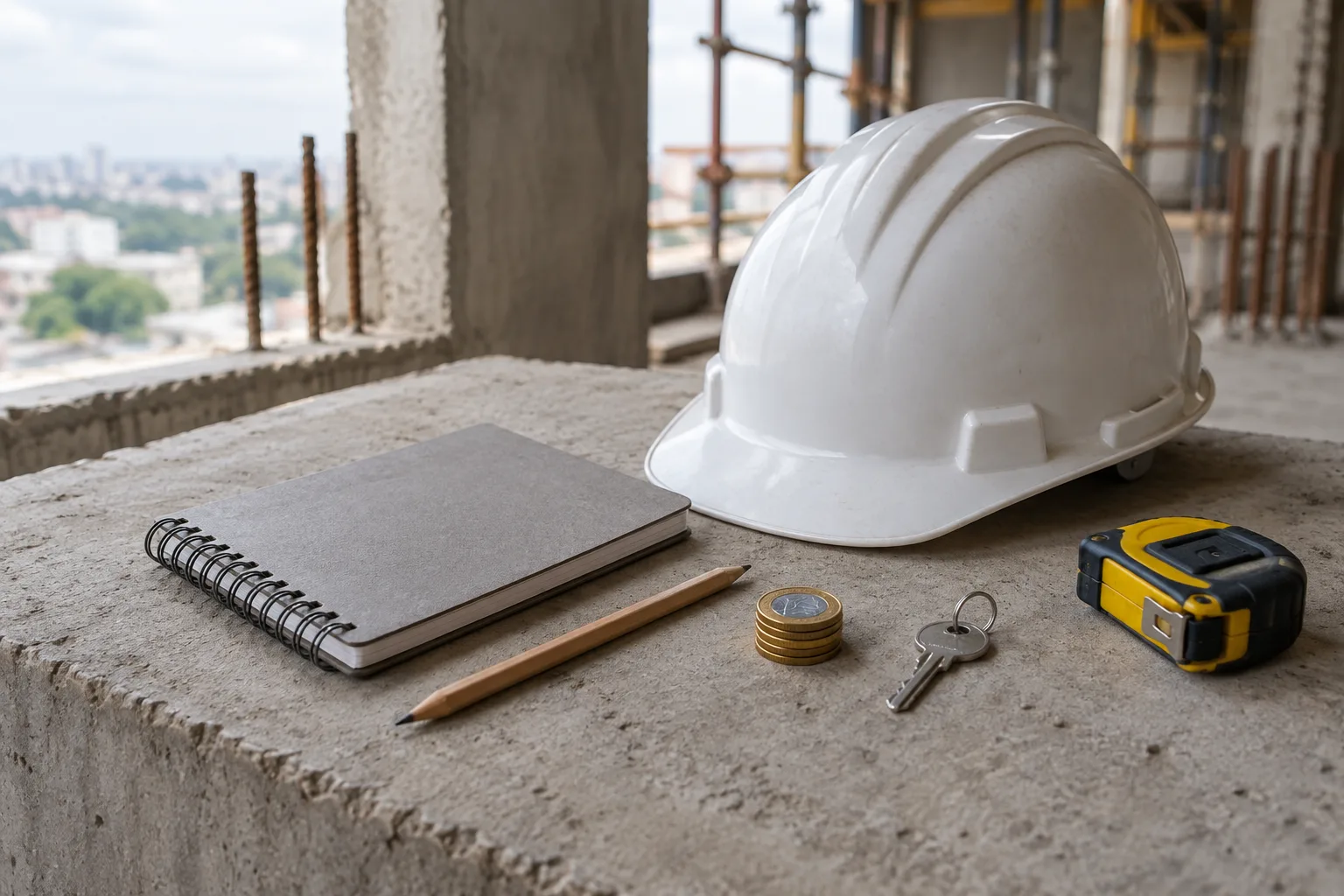 Capacete branco, caderno fechado, lápis, moedas de real, uma chave e uma trena sobre uma laje de concreto em obra
