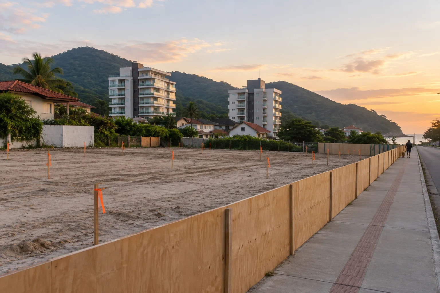 Terreno vazio e recém-limpo com estacas de demarcação e tapume de madeira, num bairro de praia em formação, com prédios baixos e morros ao fundo ao amanhecer