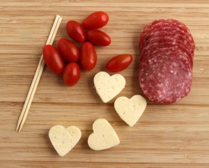 Valentine's Day Bento Cheese Hearts, Salami, Cherry Tomatoes and Skewers
