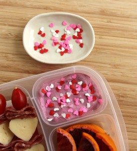 Valentine's Day Bento Raspberry Yogurt with Heart Sprinkles in Tupperware