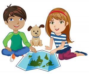 Max, Mia and toby with world map graphic