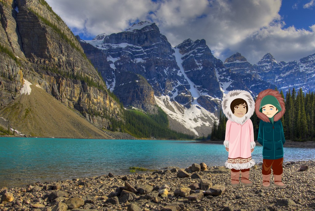 Little Passports Exploring Canada Blog Sam & Sofia Dressed in Fur Coats against Canadian Landscape